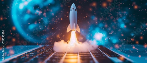 The Transformative Power Of Digital Innovation: A Rocket Launching From A Laptop Screen, With Space For Text. Сoncept Virtual Learning: The Future Of Education