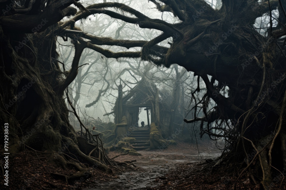 Old abandoned house in the forest at foggy night. Halloween concept