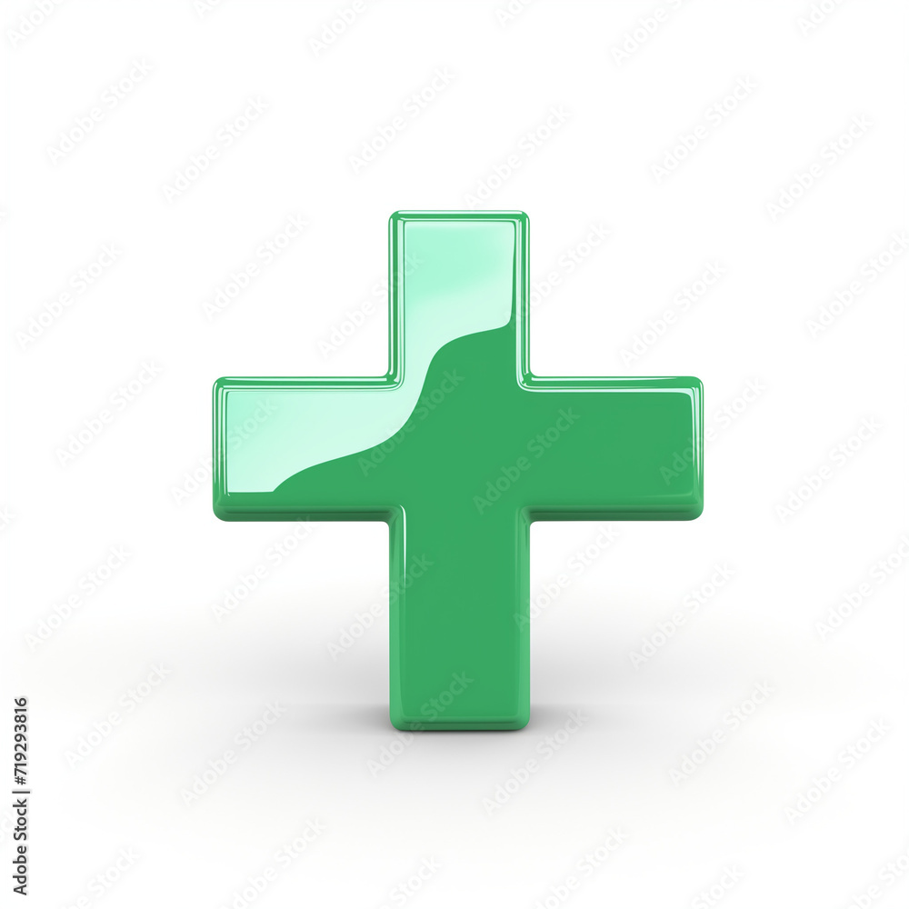 3D Green Plus Sign on a White Background with Glossy Surface: Modern and Clean Design Element, Signifying Positivity and Affirmative Action 3D Green Plus Sign on a White Background with Glossy Surface: Modern and Clean Design Element, Signifying Positivity and Affirmative Action