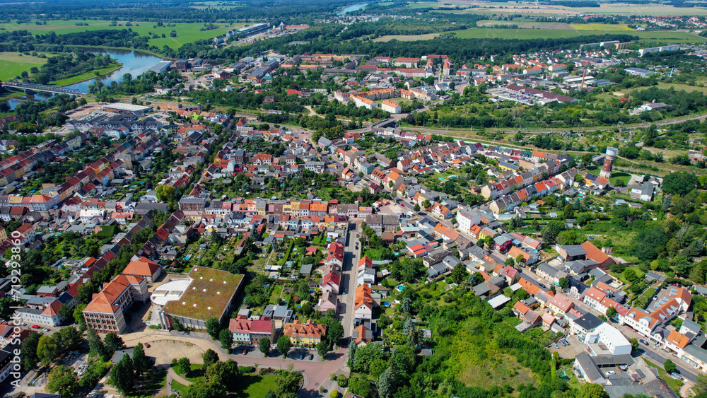 Aeriel view of the old town of the city Roßlau in Germany on a late spring day