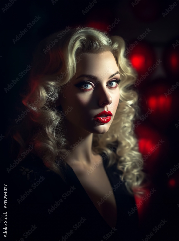 Sexy Beautiful blonde woman with red lipstick in a bar dark and red light