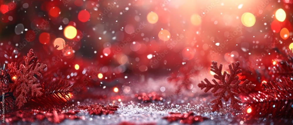 Enchanting Christmas Scene With Glowing Red Tones, Snowflakes, Illumination, And Joyful Holiday Greeting. Сoncept Vintage Wedding, Rustic Decor, Romantic Vows, Elegant Attire, Dreamy Venue