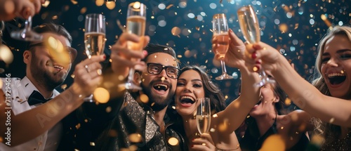 Festive Group Of Individuals Celebrating New Years Eve In Style. Сoncept New Year's Eve Party, Glamorous Outfits, Fun Props, Champagne Toast, Confetti Explosion