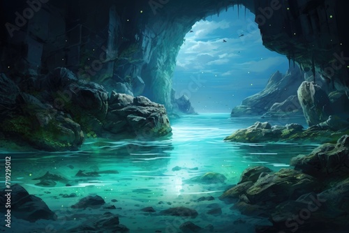 Moonlit Tranquility, Fantasy Landscape with Sea Cave