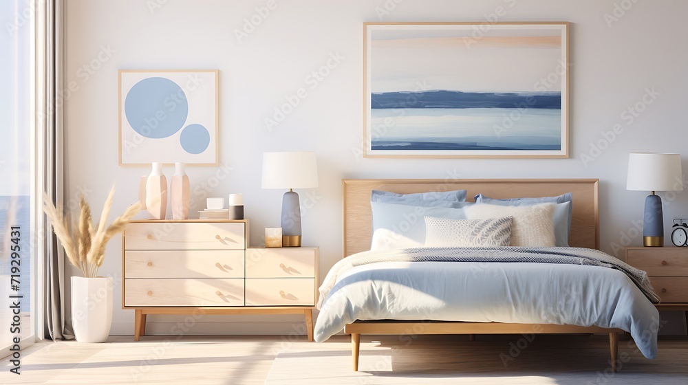 A mid-century modern chest of drawers in a coastal-inspired bedroom with blue and white hues