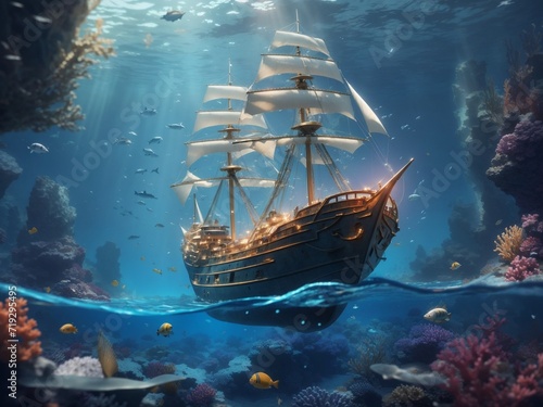  "Beneath the Waves Elegance: A Sailing Ship's Enigmatic Underwater Ballet"