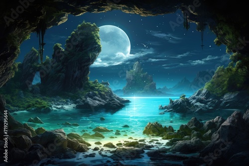 Moonlit Enchantment, Fantasy Landscape with Sea Cave 