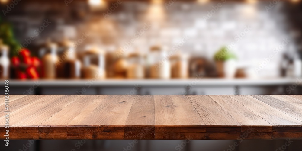 Use wooden table to blur background in a kitchen counter for product display.