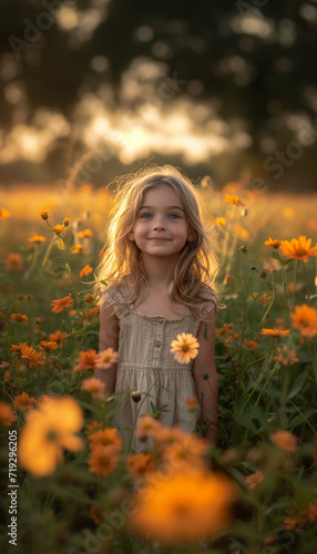 Young girl in field of orange flowers at sunset