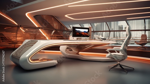 A high-tech office with a futuristic desk and ergonomic seating