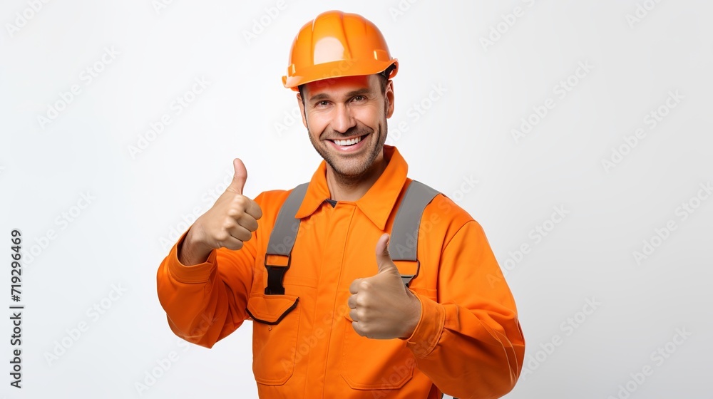 A closeup image of a craftsman smiling and holding a thumbs up sign in an orange protective uniform, isolated against a white wall. A closeup image of a craftsman smiling and holding a thumbs up sign in an orange protective uniform, isolated against a white wall.