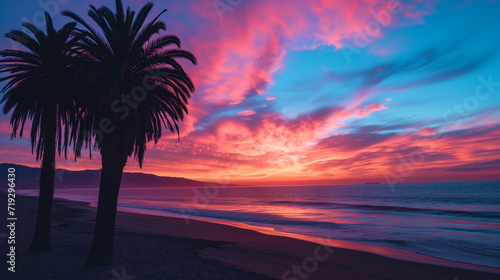 Sunset and Palms on Peaceful Tropical Beach. © vlntn