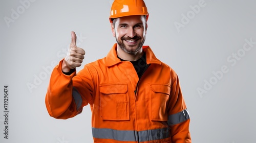 A closeup image of a craftsman smiling and holding a thumbs up sign in an orange protective uniform, isolated against a white wall. © Shabnam