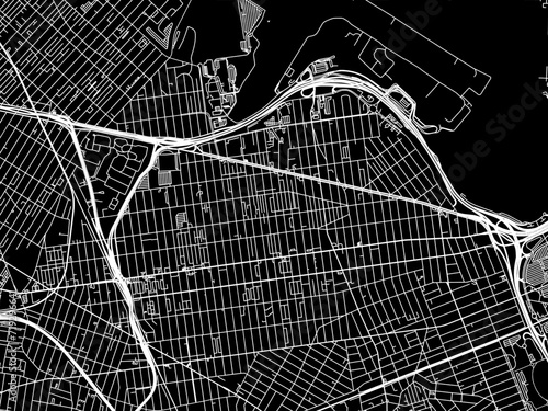 Vector road map of the city of Jackson Heights  New York in the United States of America with white roads on a black background.