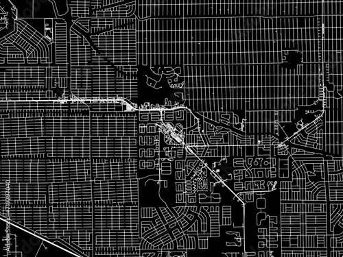 Vector road map of the city of Lehigh Acres  Florida in the United States of America with white roads on a black background.