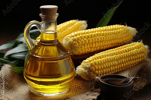 Golden corn oil in vintage glass jar with fresh corn cob on soft yellow background