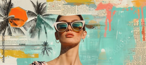Chic summer mood board with a stylish woman in oversized sunglasses, featuring vintage cut-and-paste palm trees and vibrant abstract elements.