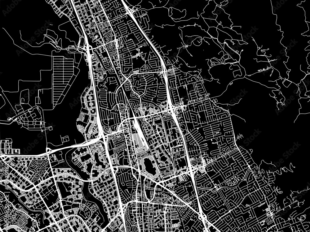 Vector road map of the city of Milpitas  California in the United States of America with white roads on a black background.