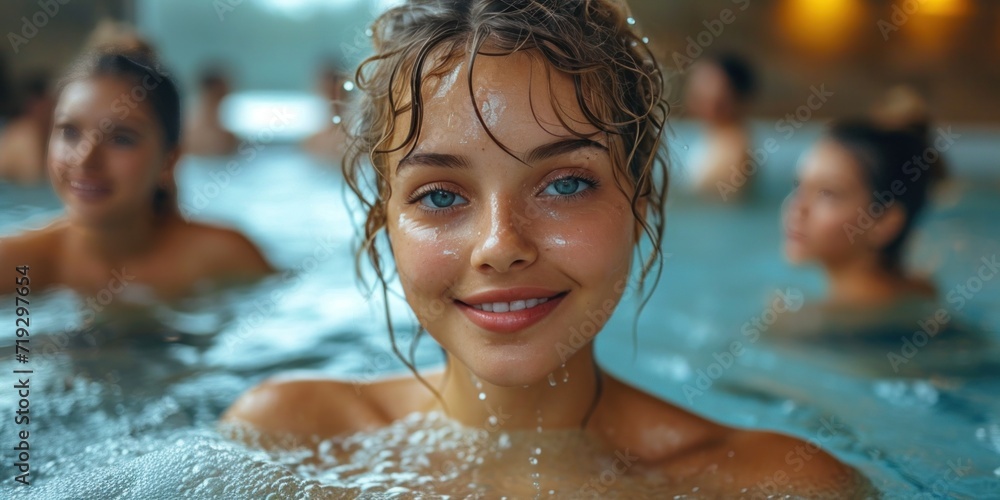 Summer wellness: A young woman in a pool, embodying health, beauty, and happiness in a spa-like setting.