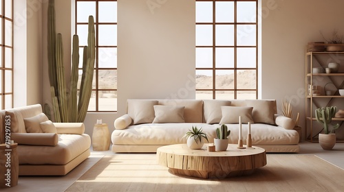 A desert-inspired living room with a beige modern sofa and cactus decor