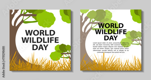 World Wildlife Day concept with the forest. Modern flat vector illustration. Web banner template and post design. animal, Social media post, earth, eco, elephant, animal day, fauna, giraffe, global,