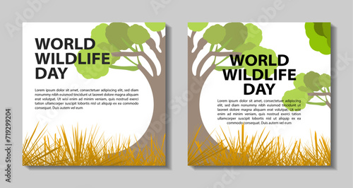 World Wildlife Day concept with the forest. Modern flat vector illustration. Web banner template and post design. animal, Social media post, earth, eco, elephant, animal day, fauna, giraffe, global,
