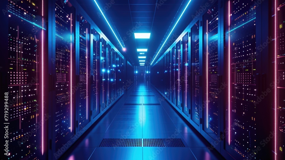 Futuristic Data Center Hallway with Blue and Orange Light Trails