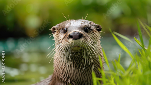 Close-up of a Wet Otter Emerging from Water Amidst Green Grass
