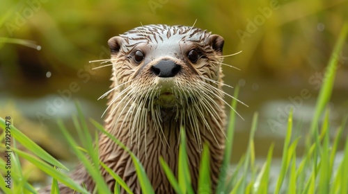 Close-up of a Wet Otter Emerging from Water Amidst Green Grass