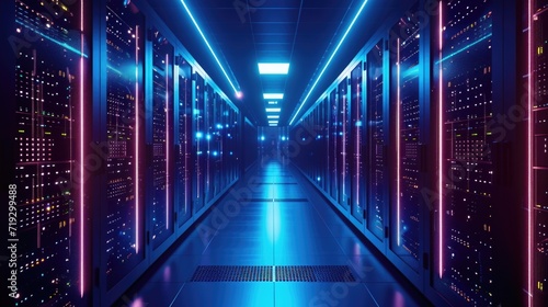 Futuristic Data Center Hallway with Blue and Orange Light Trails