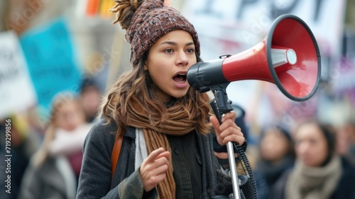 Young Activist Leading Protest with Megaphone in Urban Setting © romanets_v