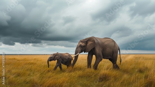 Majestic African Elephants Walking in the Savannah Under Stormy Sky © romanets_v