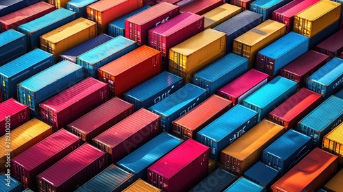 Colorful Geometry: Stacked Multicolored Shipping Containers at Freight Terminal