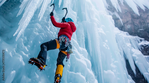 Conquering the Cold: Adventurer Ice Climbing a Frozen Waterfall with Equipment