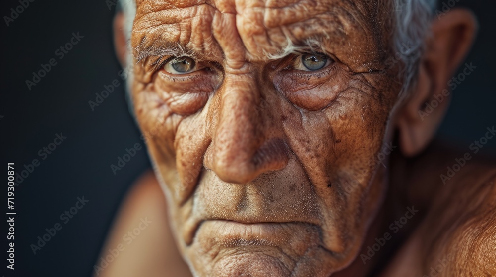 Intense Portrait of an Elderly Man with Weathered Features Intense Portrait of an Elderly Man with Weathered Features