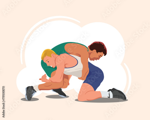 Men's freestyle wrestling. Vector figures of athletes in red and blue uniforms. Flat vector illustration on white background