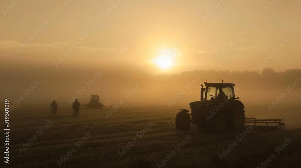 Farmers Working with Tractor in Field at Sunset, Dust Filling the Air