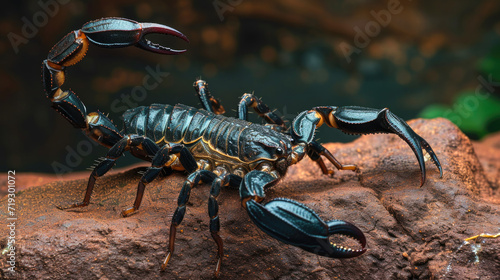 Emperor Scorpion Poised on Rock with Claws and Stinger Ready