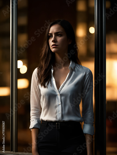 A woman standing in front of a window at night, film still of gal gadot