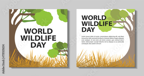 World Wildlife Day concept with the forest. Modern flat vector illustration. Web banner template and post design. animal, Social media post, earth, eco, elephant, animal day, fauna, giraffe, global,