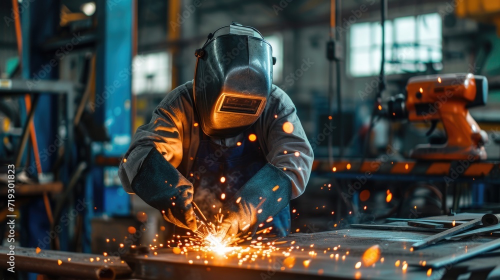 Industrial Welder Working with Protective Gear in a Workshop Industrial Welder Working with Protective Gear in a Workshop