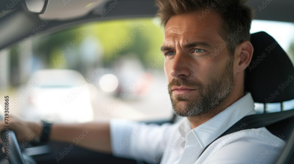 Naklejka premium Focused Businessman Driving Car with Serious Expression