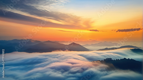 Foggy morning panoramic view of the mountains. Beautiful realistic vector landscape © UN