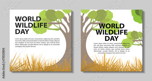 World Wildlife Day concept with the forest. Modern flat vector illustration. Web banner template and post design. animal, Social media post, earth, eco, elephant, animal day, fauna, giraffe, global,