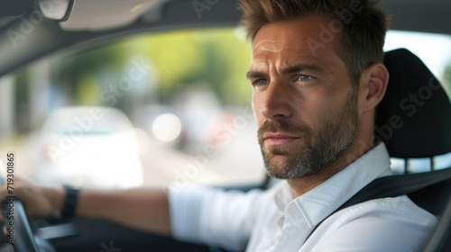 Focused Businessman Driving Car with Serious Expression © romanets_v