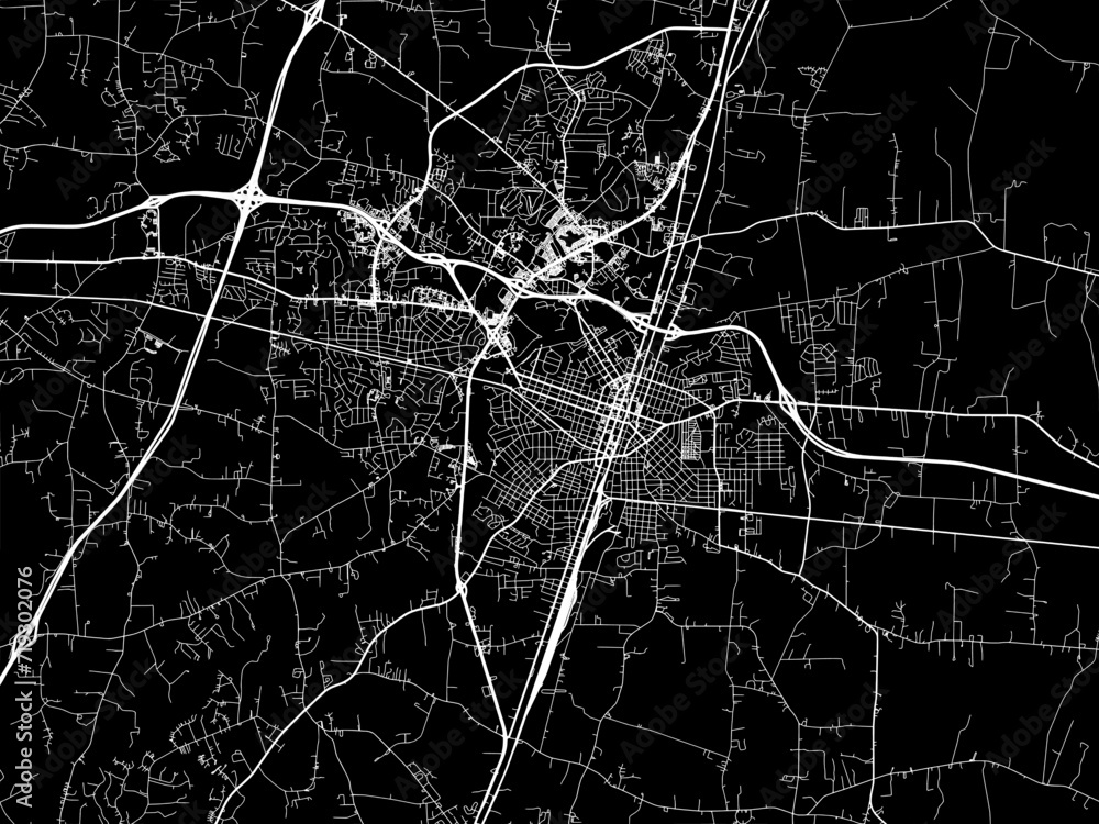 Vector road map of the city of Rocky Mount  North Carolina in the United States of America with white roads on a black background.