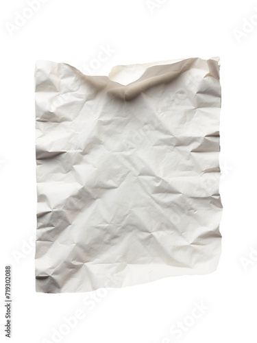 A sheet of empty paper in PNG format or on a transparent background. Decoration and design element for a project, banner, postcard, business, presentation. A piece of crumpled white paper.