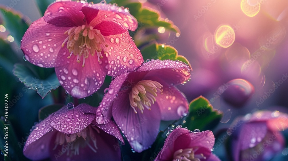 A close-up shot of Hellebore flowers in full bloom, showcasing their intricate petals and vibrant colors, with dewdrops glistening in the early morning light. 8K A close-up shot of Hellebore flowers in full bloom, showcasing their intricate petals and vibrant colors, with dewdrops glistening in the early morning light. 8K
