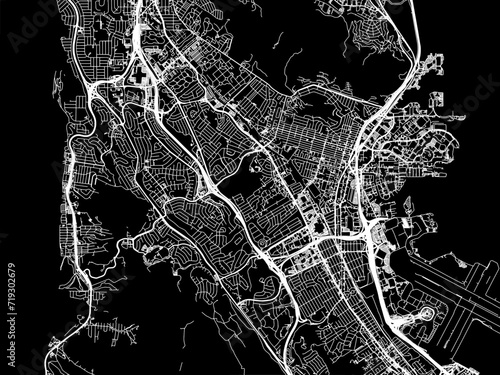 Vector road map of the city of South San Francisco  California in the United States of America with white roads on a black background.