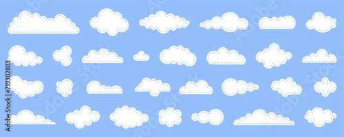 Set of cartoon cloud in a flat design. White cloud and Dotted line version collection. Vector illustration isolated on blue background